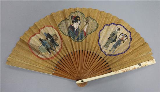 A Japanese painted silk leaf fan,Meiji period, with gilt lacquered ivory guards